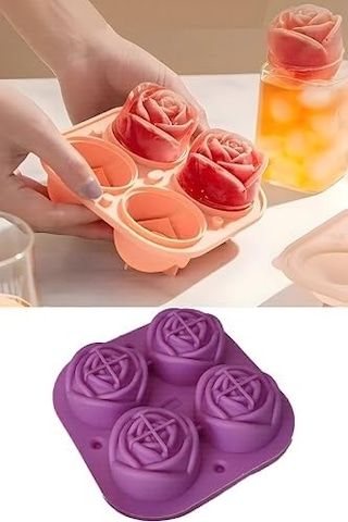 Silikon Gül Şekilli 4 Bölmeli Buz Kalıbı, Jöle Ve Sunum İçin