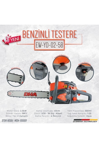 Dha EW-YD02-58 Gold Hızar 58CC 36 Diş Benzinli Ağaç Kesme Motoru