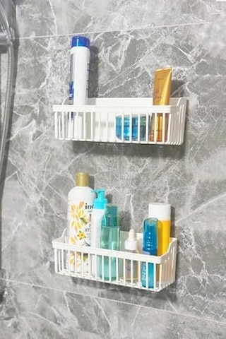 Banyor Yapışkanlı Banyo Rafı, 2'li Banyo Düzenleyici Organizer Duş Şampuanlık, Plastik Beyaz Açık Ahşap