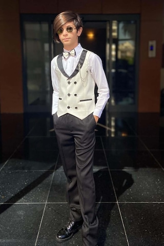 Riccotarz Erkek Çocuk Şal Yaka Düğme Detaylı Beyaz Cepken Yelek Gabardin Gömlek Takım Elbise Beyaz