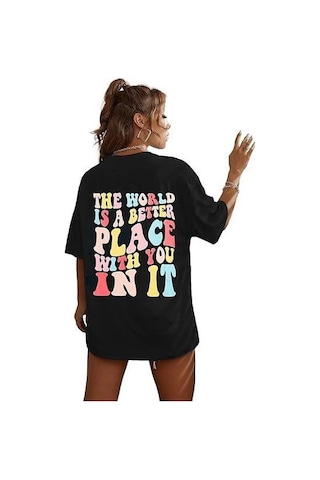 Buğrahayalin Bisiklet Yaka Baskılı T-shirt - Siyah Siyah