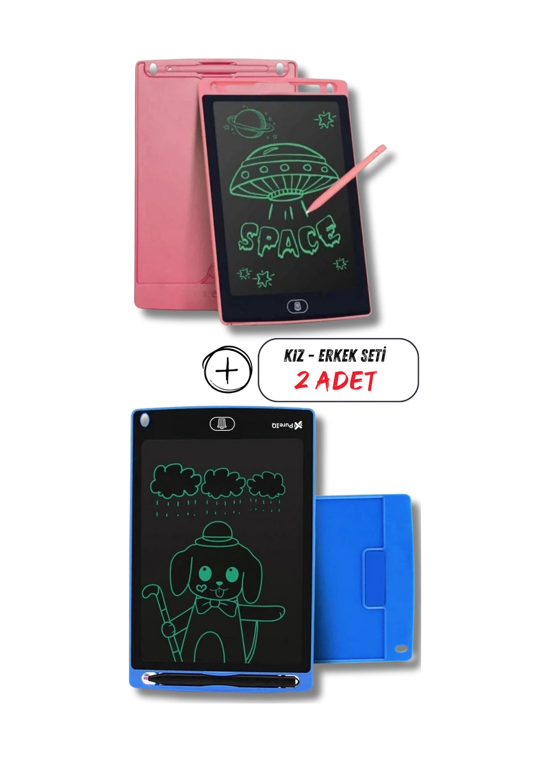 Mucit Home Kız Çocuk Pembe Tablet + Erkek Çocuk Mavi Tablet 2 Adet Digital Çocuk Yazı Çizim Tableti Lcd 8.5 Inc