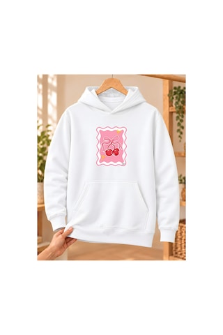 Mor Mürekkep Kadın %100 Pamuk 3 İplik Şardonlu Pembe Çerçeveli Kiraz Baskılı Kapüşonlu Sweatshirt Beyaz