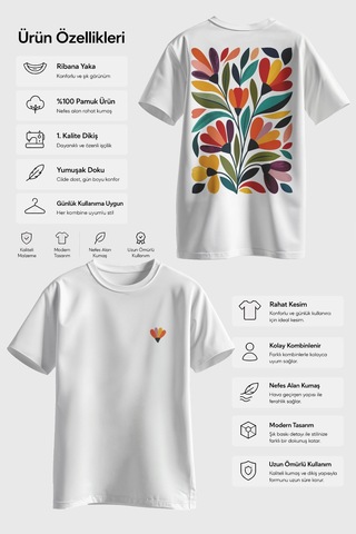 Spoyi Modern Flora Tasarımlı %100 Pamuk Yarım Oversize Beyaz T-shirt