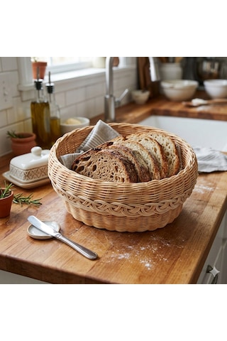 Handanrattan Ahşap Tabanlı El Örgüsü Rattan Düzenleyici Sepet - Oval Dekoratif Organizer Acı Kahve - Hasır Kahve