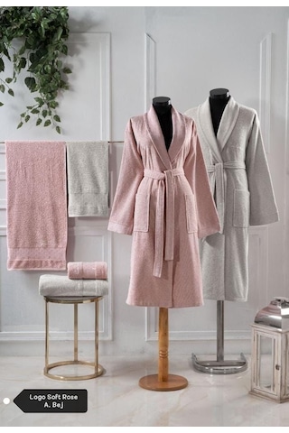 Pierre Cardin 6 Parça Jakarlı Aile Bornoz Seti-logo Soft Decorose Açık Gri - Pembe