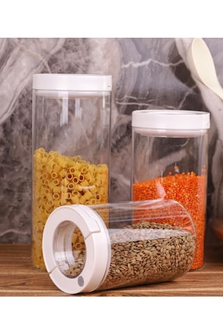 Lengo 3 Lü 850-1200-1600 Ml Mühürlü Vakumlu Borosilikat Cam Erzak Saklama Kavanozu Şeffaf Beyaz