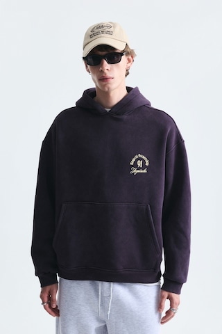 Vamos Boxy Fit Yazılı Kapüşonlu Sweatshirt Mürdüm