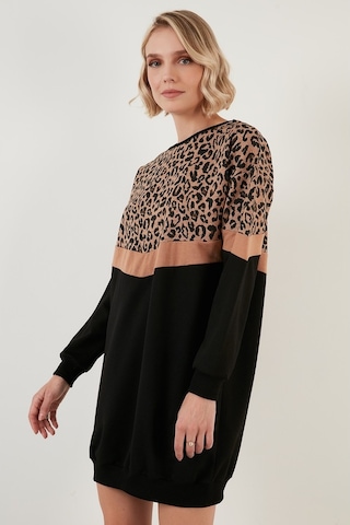 Lela  Leopar Desenli Renk Bloklu Oversize Bisiklet Yaka Bayan Tunik 5863604 Siyah