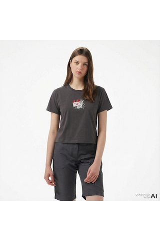 Converse Classic Kadın Slim Fit Baskılı Siyah T-shirt Gri
