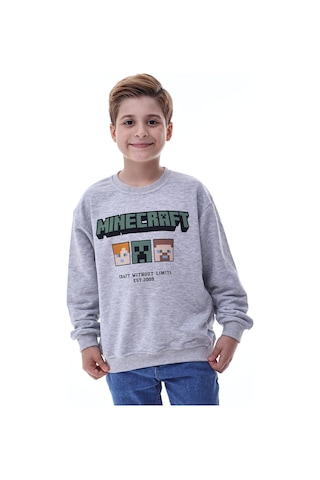 Minecraft Baskılı Erkek Çocuk Sweatshirt Gri Gamer Oyun Temalı Gri