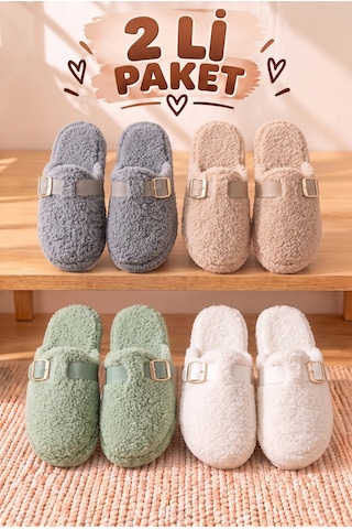 Stwenn 2'li Karma Erkek Kadın Avantajlı Paket Peluş Ev Terliği Kapalı Burun Arkası Açık Sıcak Rahat Panduf 2 Li Snow