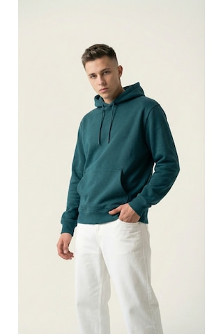 Hoxie Unisex Rahat Kesim Pamuklu Yumuşak Dokulu İçi Polarlı Basic Desenli Kapüşonlu Sweatshirt Petrol Yeşili