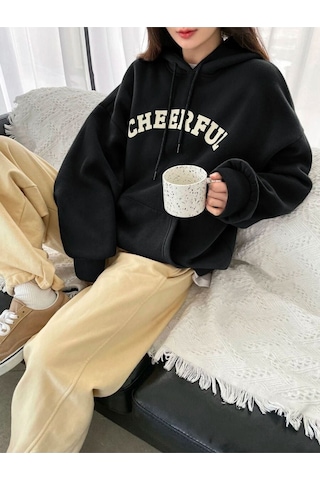 Altamira Siyah Cheerful Baskılı Oversize Kapüşonlu Sweatshirt 001