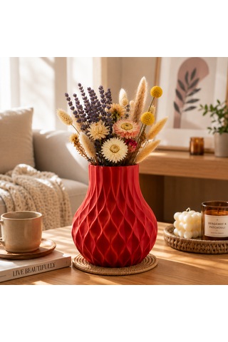 Modern Dekoratif Beyaz Vazo 15 Cm 3d Dokulu Çiçek Vazosu Pla Plastik Saksı Ve Kuru Çiçek Vazosu Ev Ofis Salon Dekoru Kırmızı