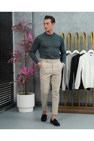 Modefendi Slim Fit Kalıp Pamuk Likra Sade Bisiklet Yaka Triko Kazak Yeşil