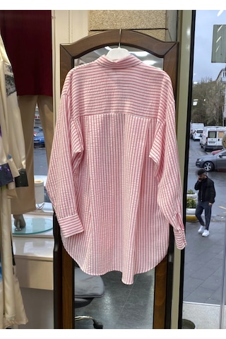 Pera Moda Çift Cepli Arkası Uzun Önü Kısa Luna Keten Çizgili Oversize Gömlek Pembe
