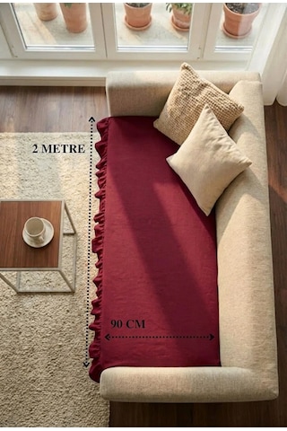 Keten Pamuk Koltuk Örtüsü Fırfırlı Bordo 90x200 Cm Şık Ve Doğal Görünüm