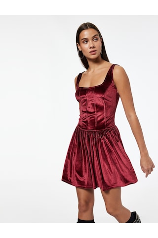 Koton Kare Yaka Kolsuz Korse Detaylı Volanlı Mini Kadife Elbise Bordo 6wal80075ık Bordo