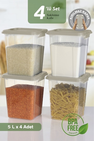 4'lü Organizer Box 5 L Un Bakliyat Erzak Kabı - Kilit Kapaklı Düzenleyici Deterjanlık Saklama Kutusu Bej
