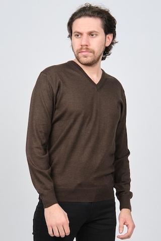 Woolen World Erkek V Yaka Desenli Yün Kazak 5597802 Kahverengi Kahverengi