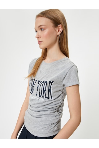 Koton Kolej Tişört Baskılı Kruvaze Yaka Büzgü Detaylı Slim Fit Viskon Karışımlı Gri Melanj 4sal11026ık Gri Melanj