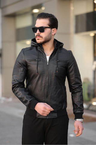 Erkek Siyah Dar Kesim Kapüşonlu Bel Lastikli Ribanalı Deri Ceket & Mont Siyah