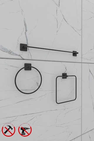 Yapışkanlı Kare Uzun Havluluk Kare Havluluk Halka Havluluk Banyo Aksesuar Seti Siyah
