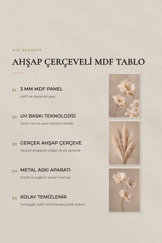 Beyaz Ahşap Çerçeveli Ivory Bloom 3'lü Mdf Tablo Seti Krem Çiçek Pampas Duvar Dekoru Renk: Beyaz