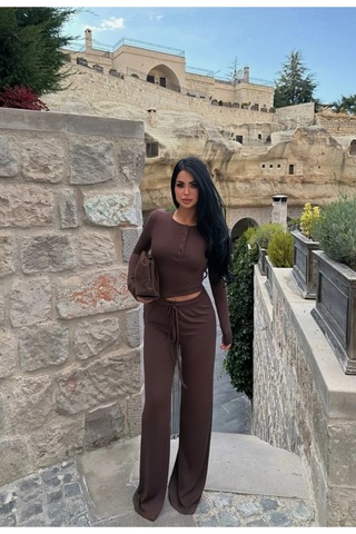 Evoa Kadın Kahve Basic Düğmeli Bluz Ve Bol Paça Pantolon Takım Kahverengi
