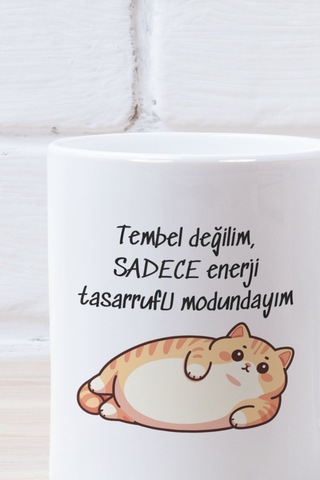 Tembel Değilim Tasarruf Modundayım-kedi Baskılı Eğlenceli Komik Hediyelik Beyaz Kupa Bardak