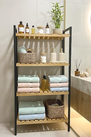 Exent, Dekoratif 4 Raflı Banyo Rafı, Banyo Organizer, Havluluk, Banyo Dolabı, Metal İskelet Ahşap