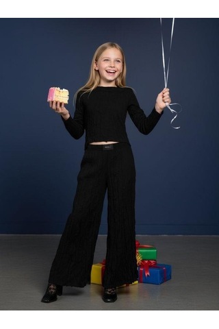 Zekids Kız Çocuk Bürümcük Kumaş Geniş Paçalı Tasarım Pantolon-16530 Siyah