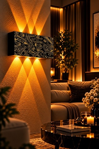 Siyah Gold Etnik Desenli 12w 2200k Amber Işıklı 3 Gözlü Yukarı Aşağı Dekoratif Duvar Apliği 16 Cm Amber Işık