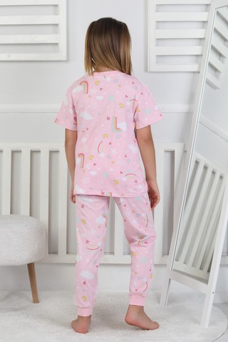 Bunny Hopp %100 Pamuk Gökkuşağı Desenli Kısa Kollu Manşetli Paça Kız Çocuk Pijama Takımı 3-8 Yaş Pembe Çiçekli