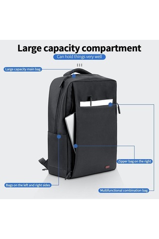 Cb02 17 İnç Su Geçirmez Fonksiyonel Laptop Sırt Çantası Büyük Boy Casual Stil Kumaş Çanta Siyah