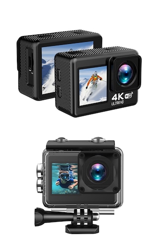 4k Wifi Aksiyon Kamera Çift Ekranlı Ultra Hd Spor Kamerası Su Geçirmez Kılıflı Uzaktan Kumandalı Siyah