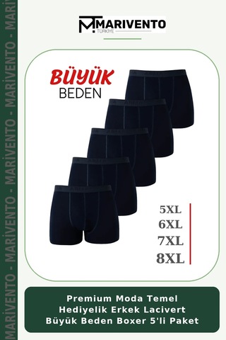 Marivento Premium Moda Temel Hediyelik Erkek Lacivert Büyük Beden Boxer 5'li Paket