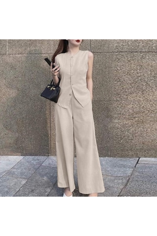 Zanzea Yaz Kıyafetleri Bayan Üstleri Ve Geniş Bacak Pantolon Rahat İki Parçalı Takım Elbise Seti Bej