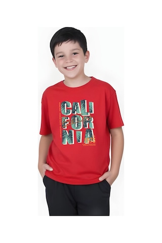 Panios Kids 1976 Cali Baskılı Erkek Çocuk Yuvarlak Yaka Kısa Kollu T-shirt Kırmızı