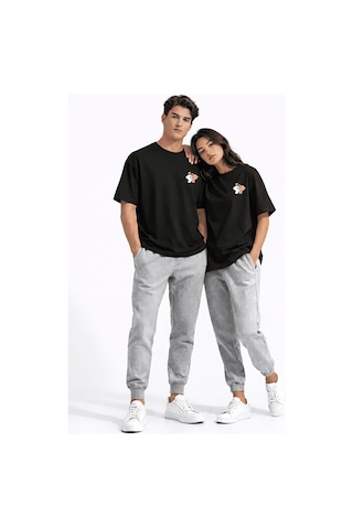 Sevgili Kombini Ayıcık Baskılı Çift Tişört Oversize Unisex Partne Siyah