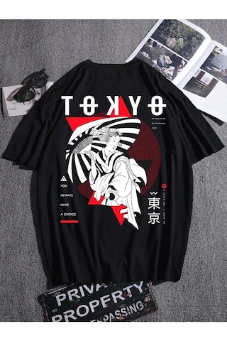 Erkek Siyah Oversize Tokyo Baskılı T-shirt Siyah