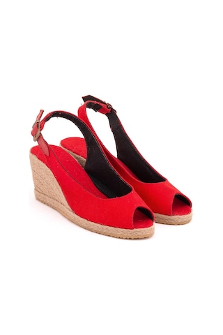 Star Tombis Gerçek Elişi Burnu Açık Arkası Bantlı Dolgu Topuk Kırmızı Keten Hasır Espadril Handmade Kırmızı