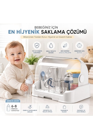 Kapaklı Bulaşıklık Biberon Kurutucu Ve Saklama Kutusu Toz Geçirmez Mutfak Bulaşık Kurutmalığı Çekmeceli Su Tahliyeli Çok Amaçlı Kurutma Rafı Beyaz
