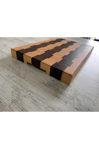 Nfzz Ceviz Ladin End Grain Kesme Tahtası 41x26x4 Cm Masif Ahşap Kasap Bloku Kahverengi - Krem