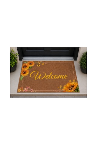 Kapı Önü Paspası Kaymaz Ağır Tabanlı Ayçiçeği Desen Welcome Dekoratif , Kolay Temizlenir 45x70 Cm Kod T3 Kahverengi