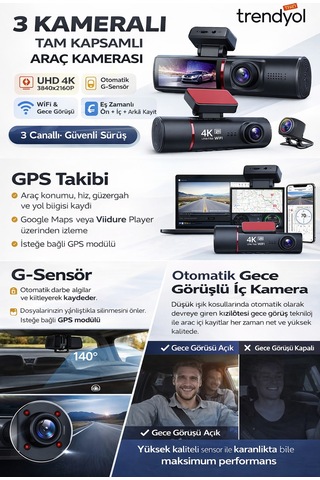 Gps Li 4k Araç Kamerası Wifi Destekli Üçlü Kayıt Gece Görüşlü Dashcam Sistem