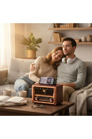 River World Ahşap Retro Tasarımlı Radyo Bluetooth Hoparlörlü Şarjlı Büyük Boy Telefon Tutma Saplı