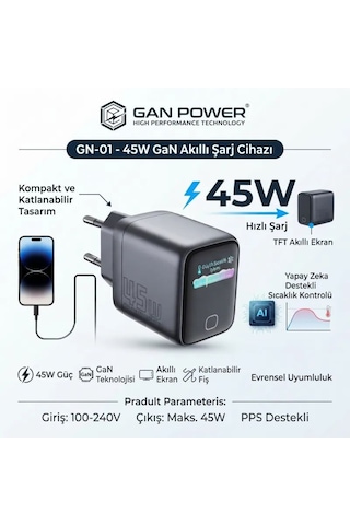 Gan Power Gn-01 45w Gan Hızlı Şarj Cihazı + 60w Hızlı Şarj Kablosu Hediyeli - Tft Akıllı Renkli Ekran, Yapay Zeka Sıcaklık Kontrollü .