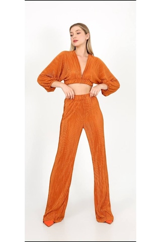 Fashion Cocktail Zarif V-yaka Fitilli Akordiyon Kumaş Crop Pantolon Takım Taba Taba